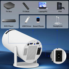 Evo Portable Mini Projector – 4K Supported, 1080P Full HD, 5G WiFi, Bluetooth 5.0, Android 11, 180° Adjustable, Compatible with iOS/Android/TV Stick – White