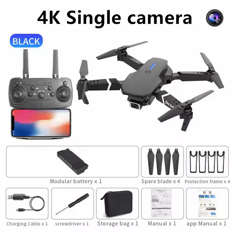 Evo Max E88  Drone Kit with 1080p HD Dual Cam Module Mini Drone 4K Camera Foldable Aerial Photography Quadcopter With Fixed Height And Stiff Remote Control Aircraft