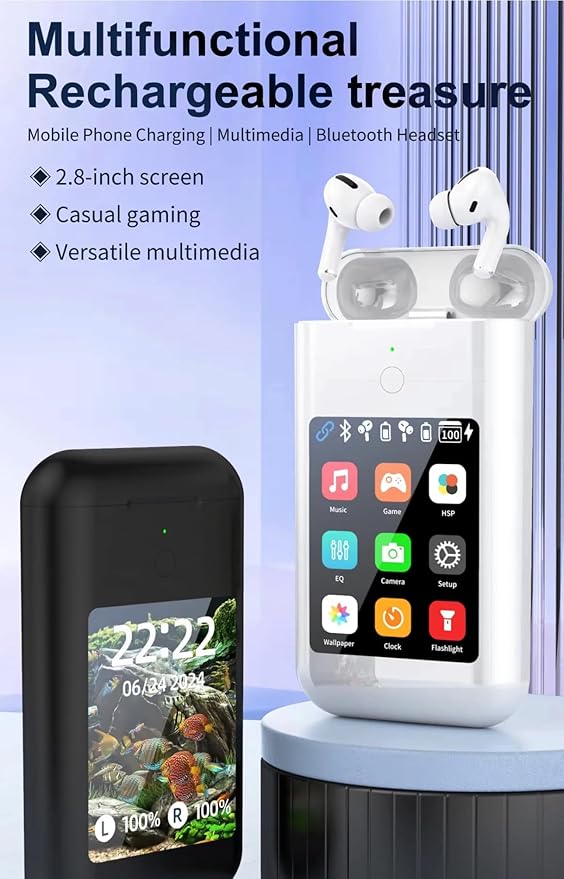 Evopods Pro2 Carrying Treasure with 2.8 inch HD Touch Screen, 10000mAh Power Bank, Active Noise Cancellation | Earphones + Power Bank + 2.8 Multimedia Screen, Three-in-one