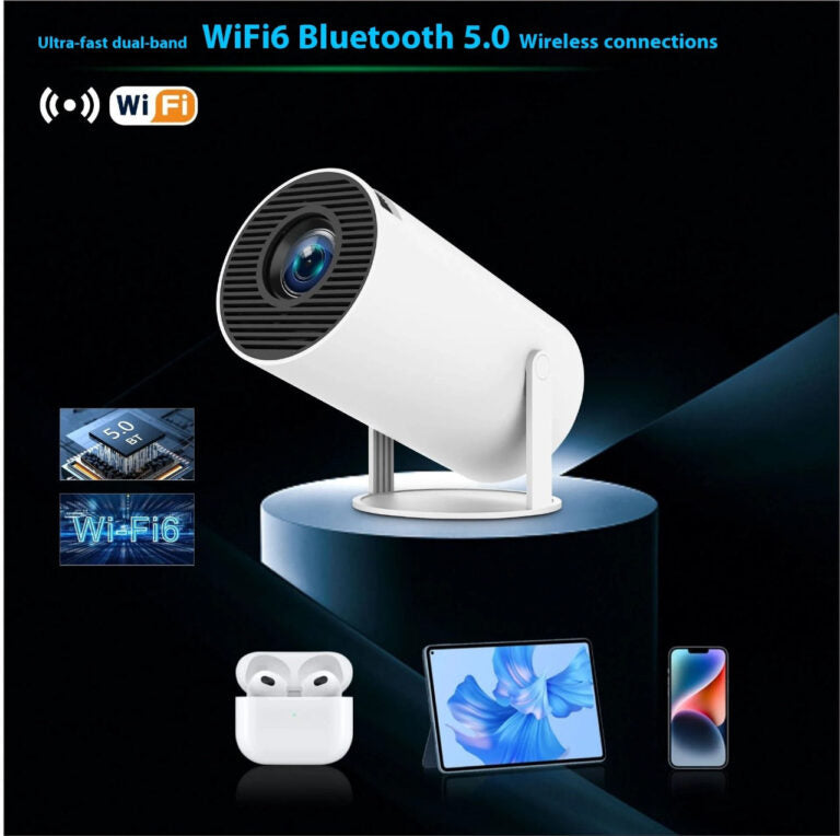 Evo Portable Mini Projector – 4K Supported, 1080P Full HD, 5G WiFi, Bluetooth 5.0, Android 11, 180° Adjustable, Compatible with iOS/Android/TV Stick – White