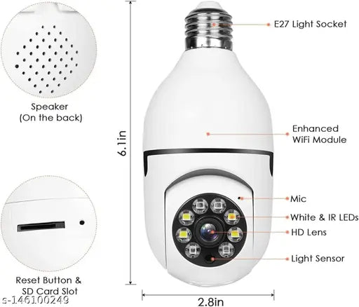 Evo Bulb Camera With WiFi and Full HD, Bulb Shape Wireless WiFi IP CCTV Security Camera with Coloured Night Vision