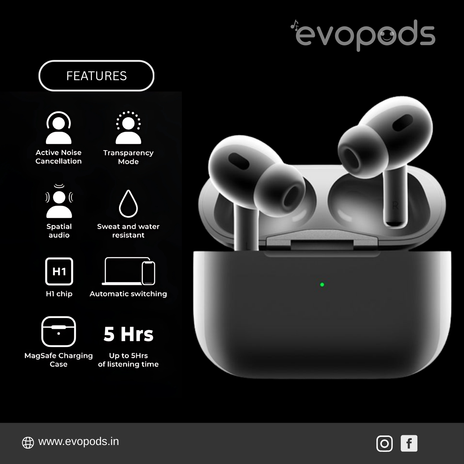 Evopods Pro (2nd generation) with 100% Active Noise Cancellation,36H Battery, 100% Hassle-Free 6 Month Warranty With FREE Silicone Case