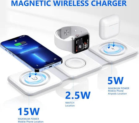 Evo 3 in 1 Magnetic Foldable MagSafe Wireless Charger for iPhone 16 to 12 Series | Compatible with AirPods 2/3/Pro | Compatible with only Apple Watch Series | 23W Charging | Wireless Charger - Pearl White
