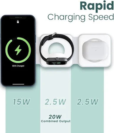 Evo 3 in 1 Magnetic Foldable MagSafe Wireless Charger for iPhone 16 to 12 Series | Compatible with AirPods 2/3/Pro | Compatible with only Apple Watch Series | 23W Charging | Wireless Charger - Pearl White